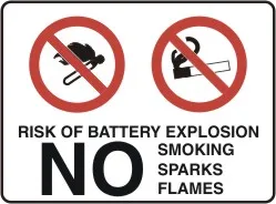 P 541 — PROHIBITION - RISK OF BATTERY EXPLOSION NO SMOKING SPARK FLAMES